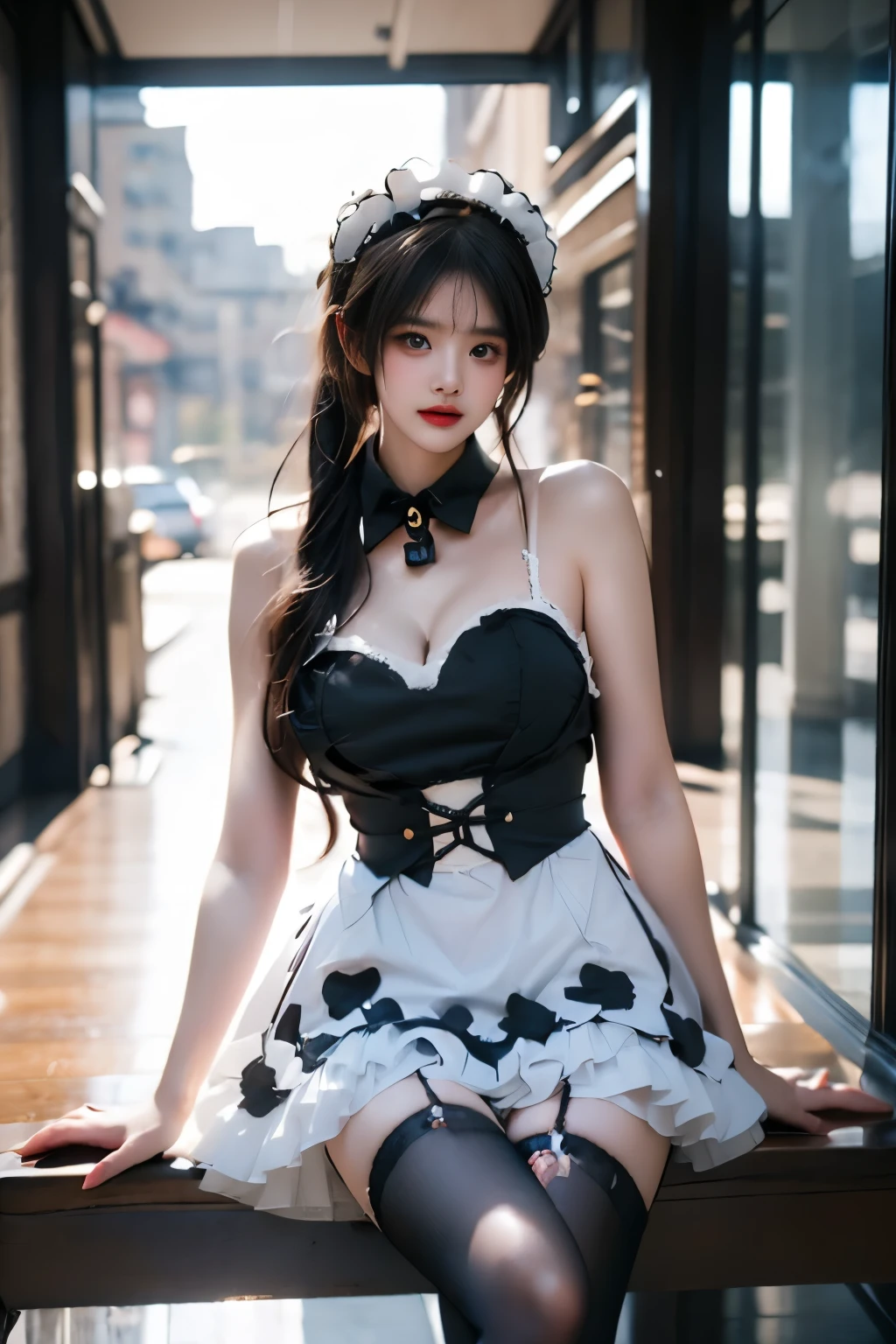 table top, highest quality, One girl, (beautiful girl:1.3), (28 years old:1.3), very fine resolution, (symmetrical eyes:1.3), night view, Foliage plant, sitting on the bed, (Big ribbon on the chest, wrap the ribbon around your body:1.5), (good, panties:1.2), beautiful breasts, big breasts, valley, parted bangs, girl