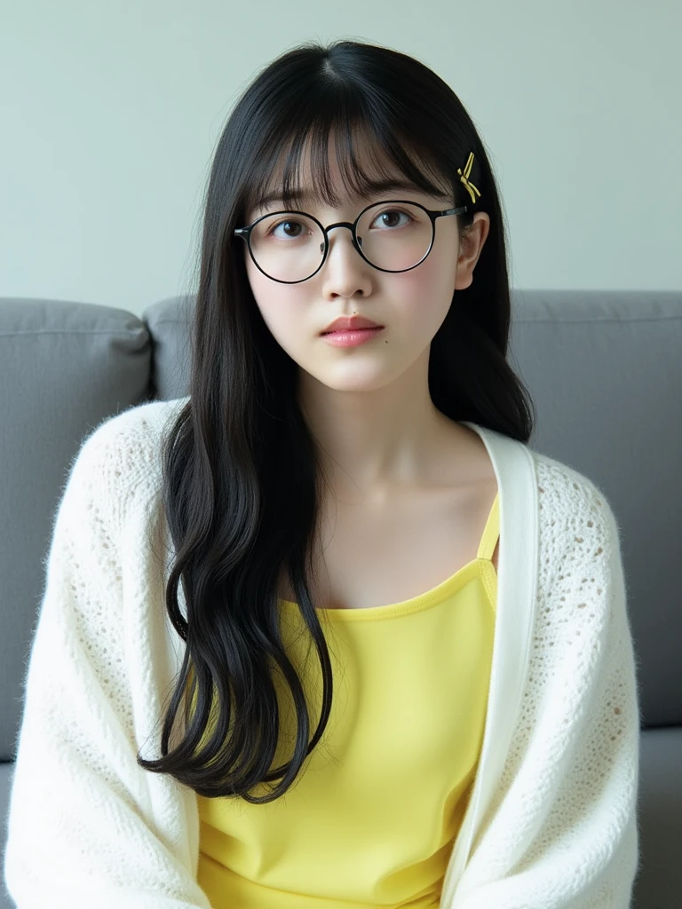 Photograph of a young Asian woman named Kuboshi, with long black hair, wearing round glasses, a yellow top, and a white, textured cardigan. She sits on a gray couch against a plain light wall, exuding a calm and introspective demeanor. headpiece ,  purple eyes,  hair clip,  big breasts,  ahe face,  blush,  saliva ejection ,  make you drool, 