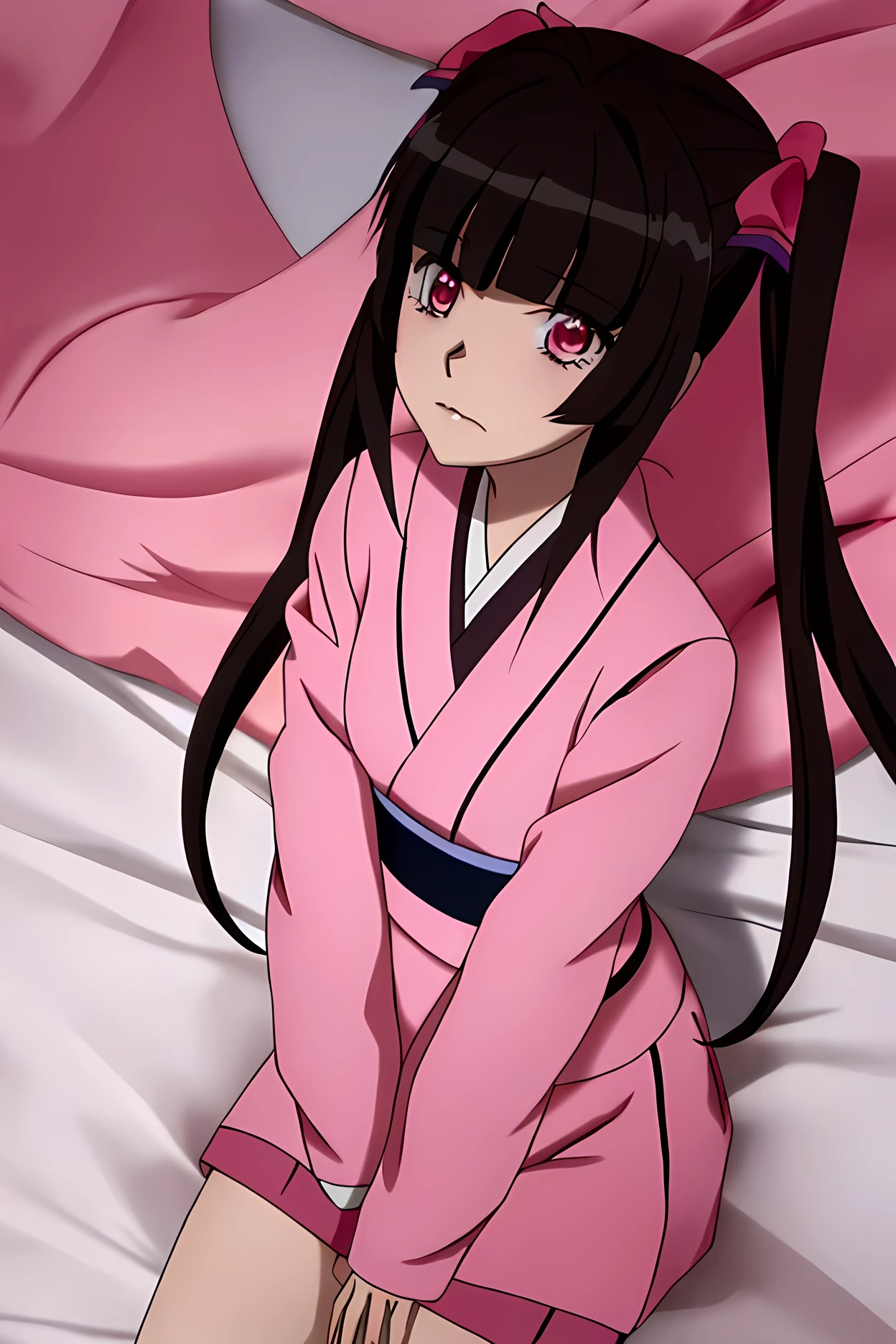  anime girl with long hair and pink dress has money,  cute girl anime visual , Tsukuyomi Cho, twin tails , a woman in a pink kimono laying on a bed, splash art anime loli, sexy girl with dark brown hair, 1 6 x 1 6,  💕 🎀,  wet fabric , gogo : :, streaming, alt art , h 1024, 2019, at 8 k, UAV, Crysis, utradetailed, trap