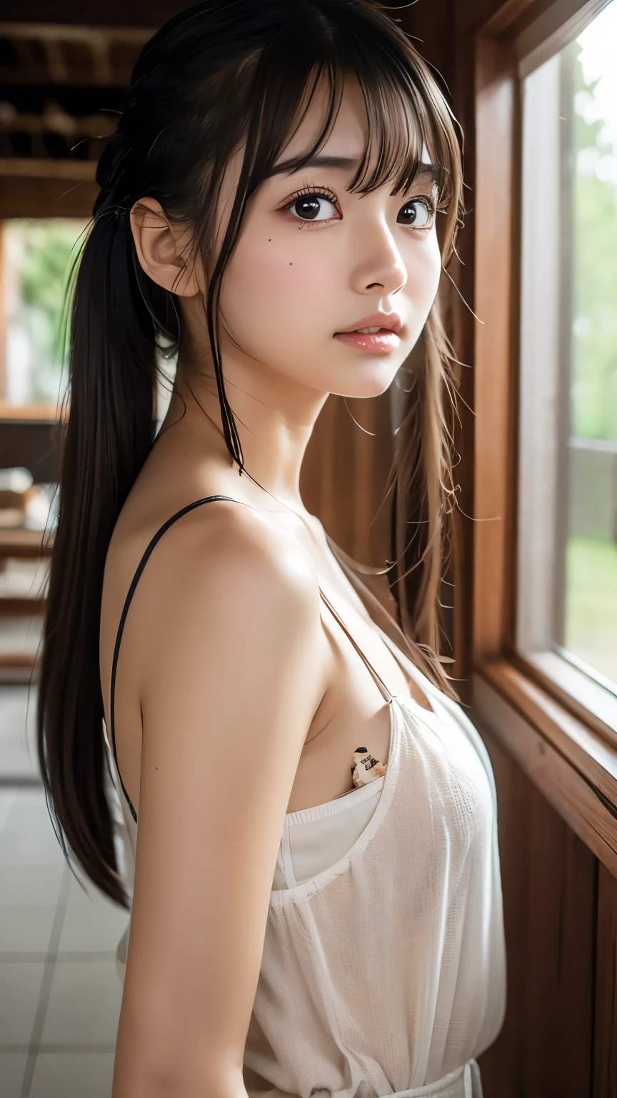 a room, the wall is a huge clear glass panel, outside the glass there is an artificial waterfall cascading down onto a lush garden, 1 girl, sitting on the floor next to the window, long dark hair tied in a messy ponytail, beautiful delicate face, ((wearing a large oversized t-shirt that is hanging off one shoulder)), t-shirt reaches to her knees, looking out the window