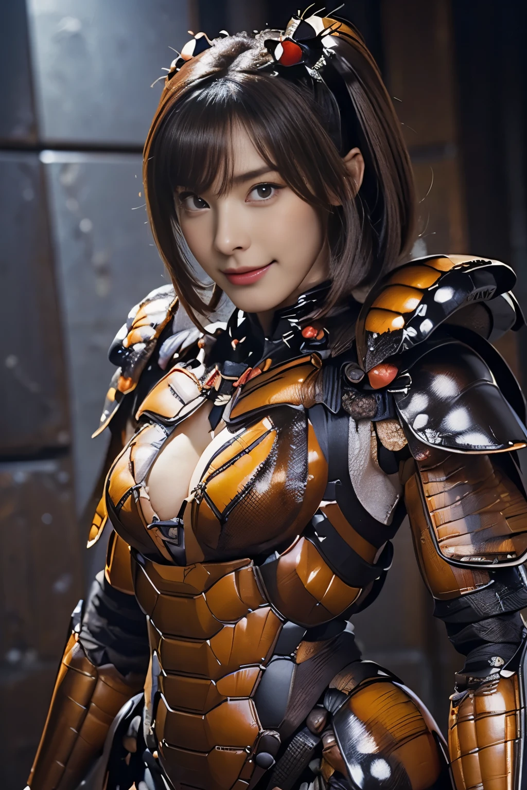 (High resolution,masterpiece,highest quality,Very detailed CG, anime, official art:1.4), realistic, photograph, amazing detail, all complicated, luster and luster,great many layers, 8k wallpaper, 3D, sketch, cute, figure,( alone:1.4), perfect female proportions,villain&#39;s daughter, (Fusion of dark brown cockroach and lady:1.4), (brown cockroach form lady:1.2), (brown cockroach woman:1.2), (Fusion:1.2), (alone:1.4), (evil smile:1.2), muscular, abs, (Cockroach brown exoskeleton bio insect suit:1.4), (Cockroach brown exoskeleton bio insect armor:1.2), (brown transparent cockroach feathers:1.4), (brown cockroach antenna:1.3)