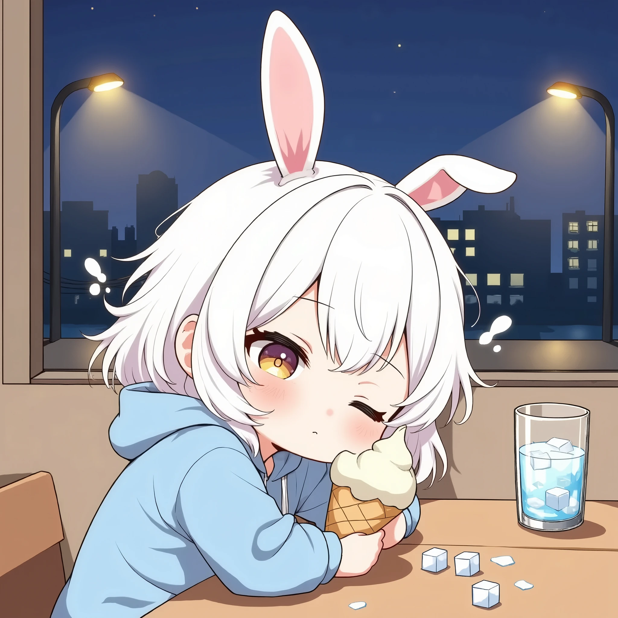 1girl\(chibi,trk,expressioness, resting her head on a wooden table, holding a ice cream cone in one hand and an glass in the other hand, spilled ice cubes and water drops on the table, messy posture\), background\(Lively night cityscape, bright light from street lamps \),humorous and casual atmosphere, flat illustration style, pastel tone, high-quality, detailed