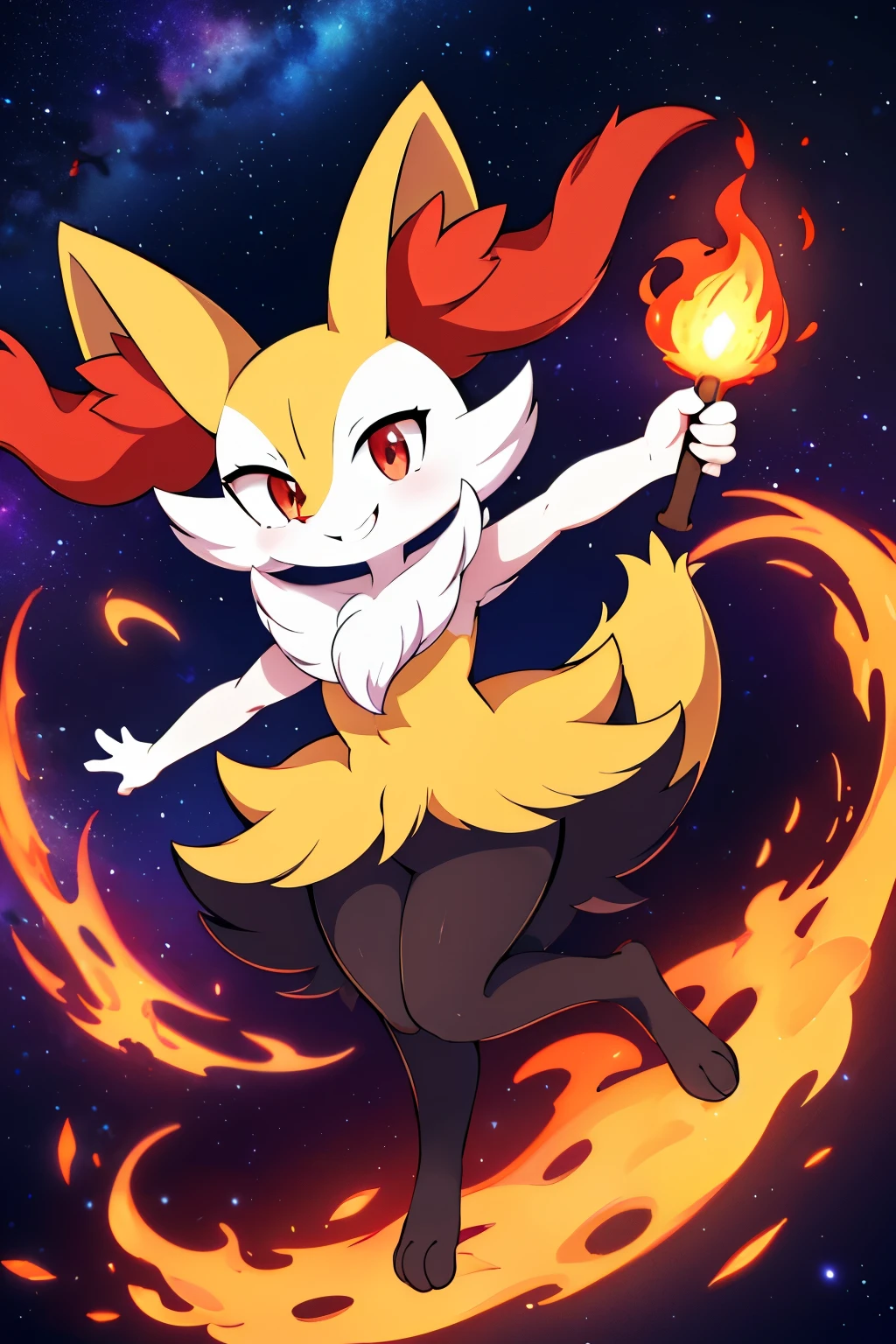 real e621, photorealistic, masterpiece, Braixen_(pokemon), looking at viewer, sharp red eyes, full body portrait, sweet smile, humanoid furry body, sexy, sexy pose, full body, female charm, smiling, nigh sky, brilliant stars and cosmos, magic stick on right hand, conjuring fire magic, wide smile