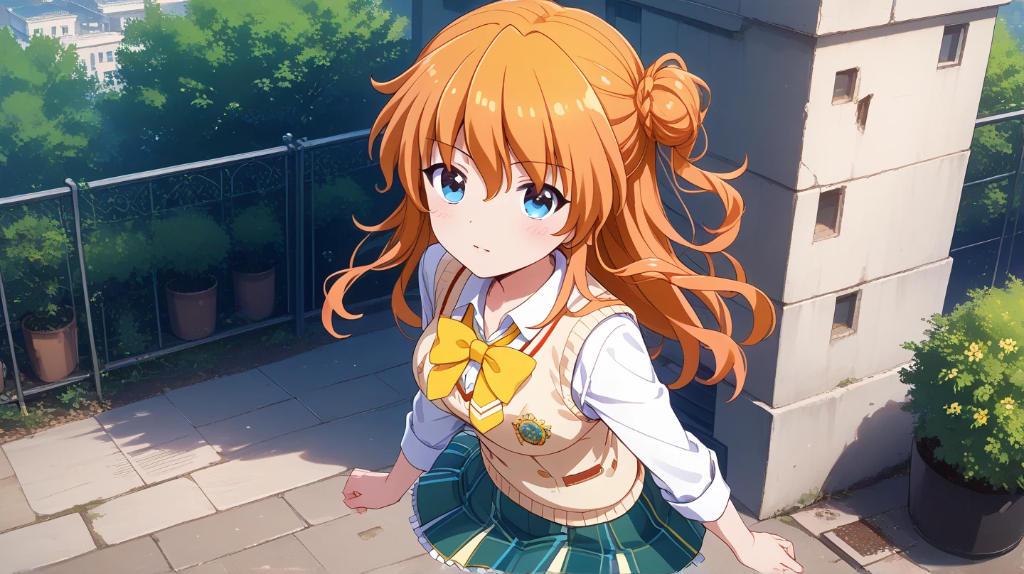 (masterpiece, best quality), highly detailed background, perfect lighting, best quality, batoganozomi, solo, from above, looking at viewer, blush, :o, orange hair, hair between eyes, long hair, blue eyes, medium breasts, white shirt, yellow sweater, sweater vest, long sleeves, white shirt, yellow bowtie, green skirt, plaid skirt, school uniform, standing, outdoors, park