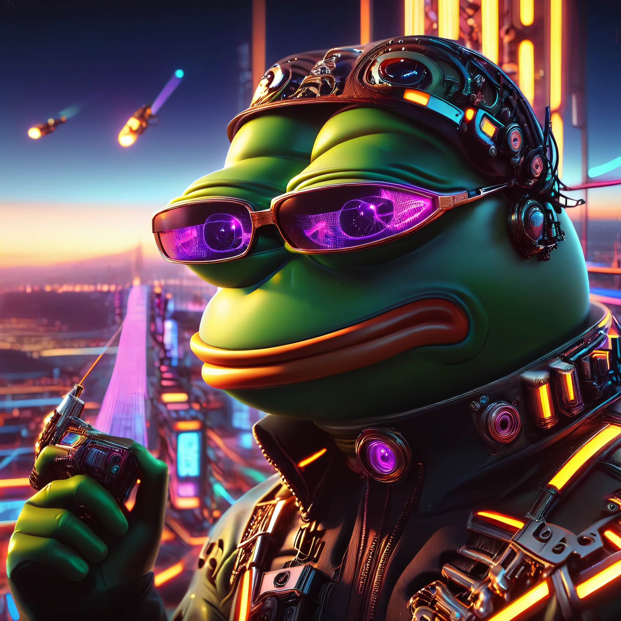 pepe the frog, 1 android, extremely detailed android face, black sunglasses, intricate machinery, futuristic technology, complex circuitry, glowing neon lights, cinematic lighting, moody atmosphere, digital art, photorealistic, 8k, hyper detailed, masterpiece, full body,