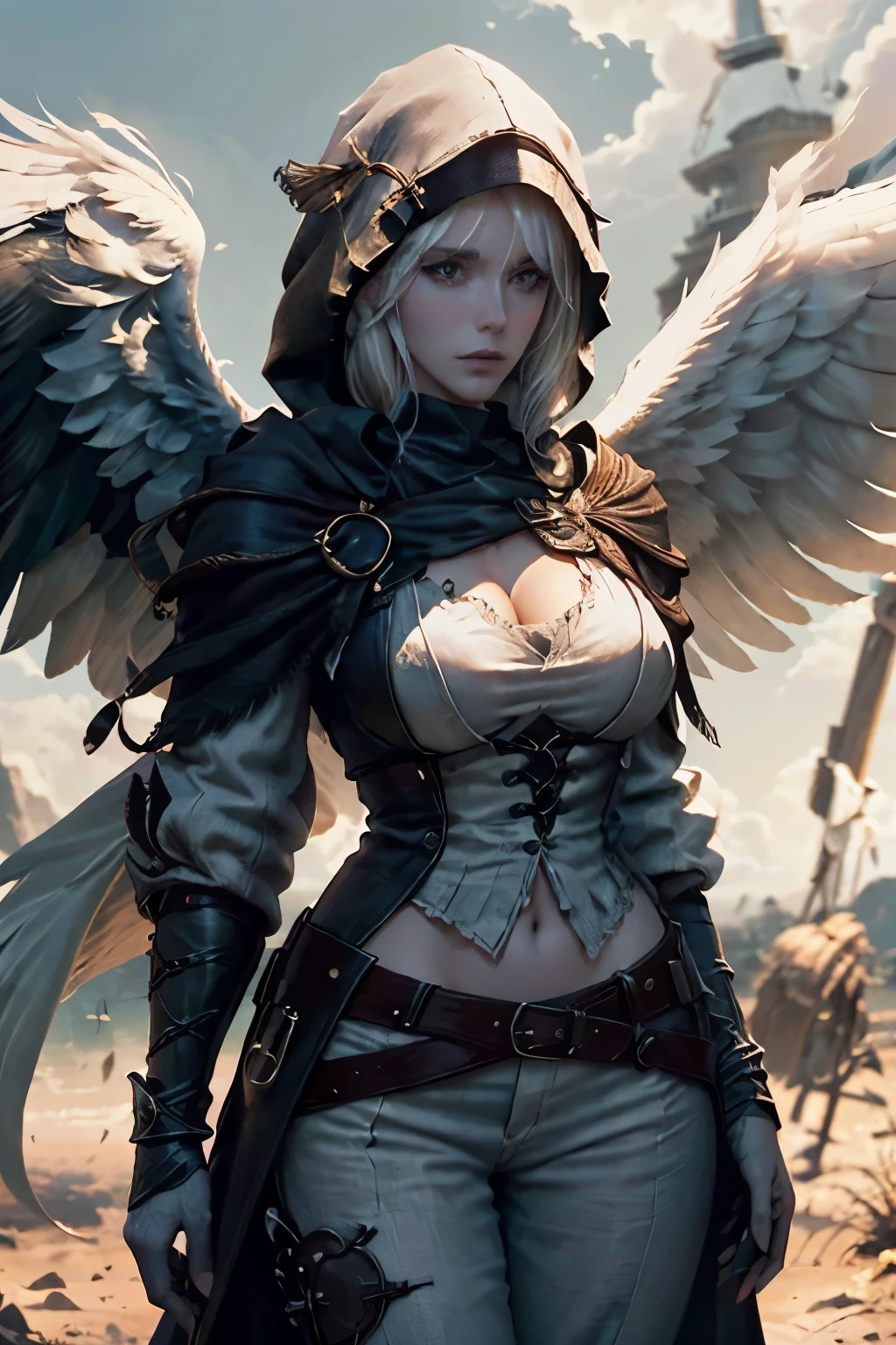((ultra-detailed , masterpiece, 4k)) mature woman, white hair, fantasy clothes, black hood, white pirate shirt, black trousers, angel wings, dnd style, wings, sky background