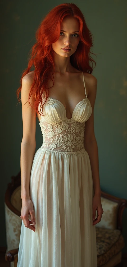 Beautiful, cute, 23 year old European woman, red hair, long hair, curly hair, perfect face, sharp features, thousands of freckles, freckle face, smiling, laughing, happy, detailed blue eyes, perfect eyes, cleavage, perfect breasts, skinny, intricate white lace up dress, standing, seductive, sexy, colonial house, sun room, large windows, cinematic lighting, subject is well lighted, late autumn, (high quality), (detailed), (8k ultra hd), 1 person