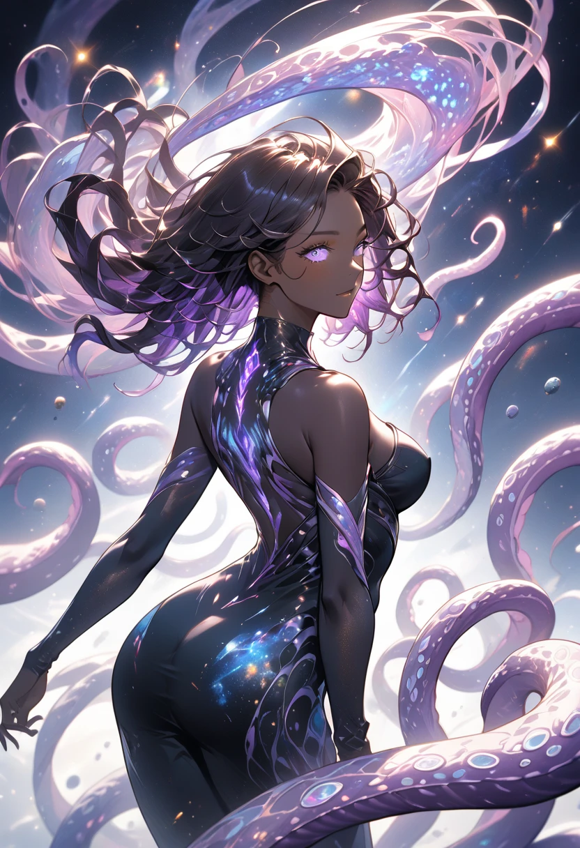 A stellar Being, long, floating dark hair that moves like space debris, They possess eyes blazing with cosmic energy and pitch black  skin that ripples with galaxies beneath, Translucent purple tentacles flow from her back like cosmic ribbons, Form-fitting black clothing frames her tall curvy figure, Living stars and nebulae dance across her surface, drawing on a tablet
