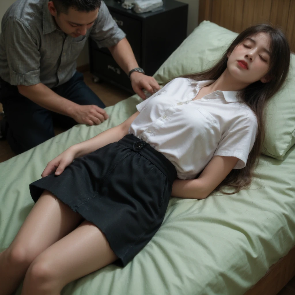 a beautiful Japanese woman is laying on the bed, long spread brown hair, natural bang, she is wearing Thai university costume with small short sleeve white button down shirt, black tight short business skirt, brown belt, white panties, she is sleeping and unconsciousness, anxious face, shame, your wrists are tied together behind your back,  an old man is kneel beside, an old man hands touch her thigh, cum on a woman face, a lot of semen on her skirt and thighs, photorealistic, hyperrealism,