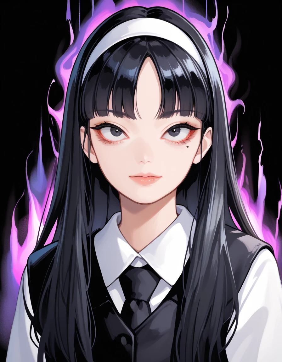 Score_9, score_8_up, score_7_up, score_6_up, source_anime, rating:general, 1girl, gothic girl, pale white skin, black eyes, black hair, long hair, blunt bangs, parted bangs, white hairband, mole under left eye, portrait, white shirt, black tie, school uniform, head tilt, sultry look, mysterious, 8k quality, vivid colors, perfect lighting, perfect shadowing, SmokeyAura, Aura, Smoke, eldritch, lovecraftian, mysterious, facing viewer