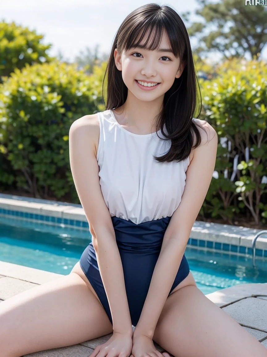 1girl in, (masutepiece:1.1), (Best Quality:1.1)、detailed photo、petite person、(Slimed、small tit、flat boobs、small tit)、sexy pose:1.2、Wet body、sodden、sexy pose、Wet body、sodden、A slender、From above、Delicate and sexy collarbone、16-year-old woman、(Navy Blue Sport Mini Dress)、Painted from head to knee、Show your teeth and laugh out loud