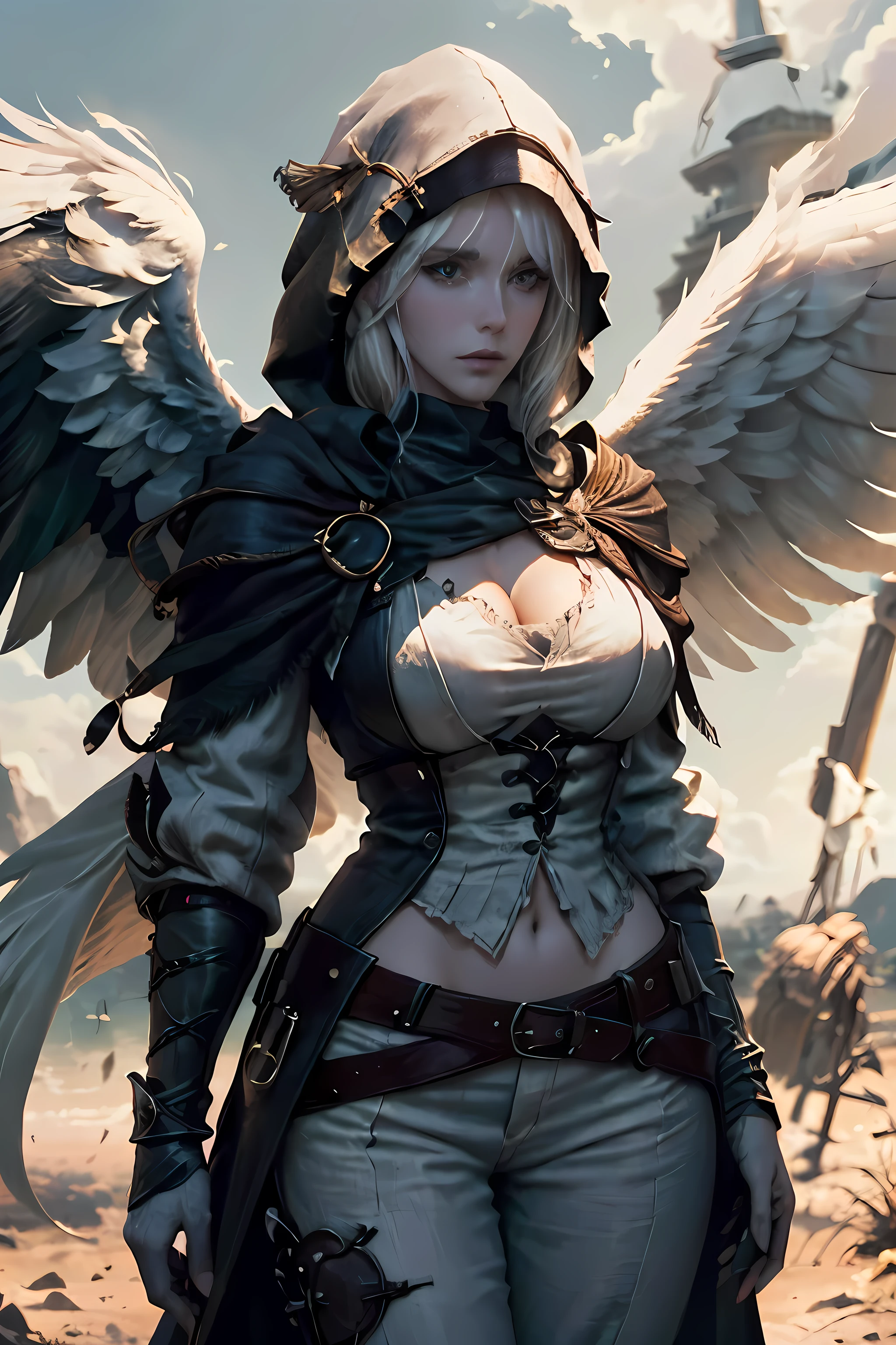 ((ultra-detailed , masterpiece, 4k)) mature woman, white hair, fantasy clothes, black hood, white pirate shirt, black trousers, angel wings, dnd style, wings, sky background