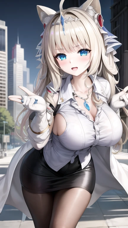 best quality,masterpiece,8k wallpaper,absurdres, highres, ultra detailed, (1 young beautiful girl, solo:1.1), yuna (ff10),heterochromia, green eyes,  long hair, blue eyes, jewelry, ring,,hand between legs,cityscape, skyscraper,east_asian_architecture, street,BREAK, large breasts, cosplay as Crown from NIKKE, Dress as Crown from Nikke, Tiara, hair ribbon, drill hair, drill locks, white jacket, white shirt, frilled shirt, broach, high-waist skirt, pantyhose, gloves