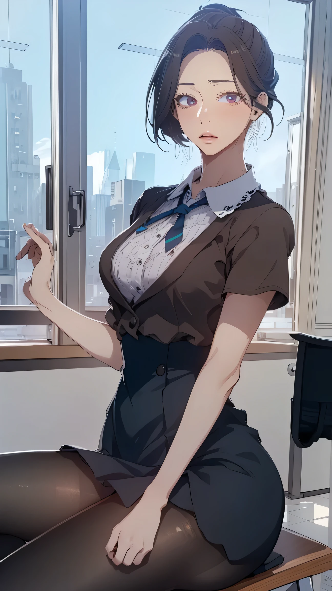 ( elite secretary in lightweight underwear ), sitting on a chair, working in an office in fine weather 、 (Wear pantyhose)、(Short layer hair)、 wearing high end heels 、 ( stockings and skirt ), Shirt Secretary, merchant, Wearing a Shirt and Dress , Professional Dress, Business suit, original photo, (8K、 top quality、 masterpiece:1.2)、( intricate details :1.4)、( realism :1.4)、 Octane rendering、 Complex 3D renderings with ultra-detailed details, Vivid details, Super Details, REAL SKIN , Detailed production, Delicate eye for detail ,