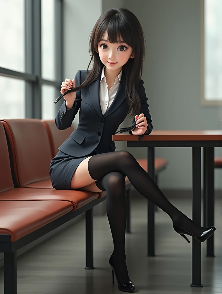 Best quality, full body portrait, delicate face, pretty face, 25 year old woman, slim figure, small bust, OL uniform, office clothes, black stockings, outdoor scene, sitting position --auto