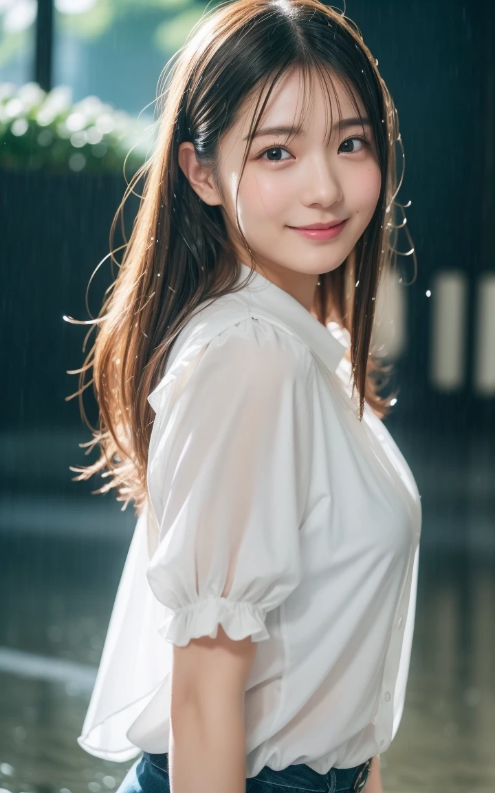 ????.(masterpiece:1.3), (8k, Photorealistic, Raw photo, Best image quality: 1.4), Japanese 、(Random Hairstyles:1.2)、Cleavage:1.2、Super detailed face、Attention to detail、double eyelid、Put your ????? together、Sharp focus:1.2、Beautiful woman:1.4、Light brown hair、highest quality、masterpiece、超A high resolution、(Photorealistic:1.4)、Highly detailed and professionally lit smile、Her ??????? are visible through her white shirt wet with rain、Shoulder out、thin、Serious expression、Short-haired、Deadly position