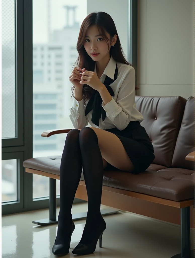 A girl wearing jk and black stockings,Cup is D,Sitting on a bench in the library,A thousand flavors