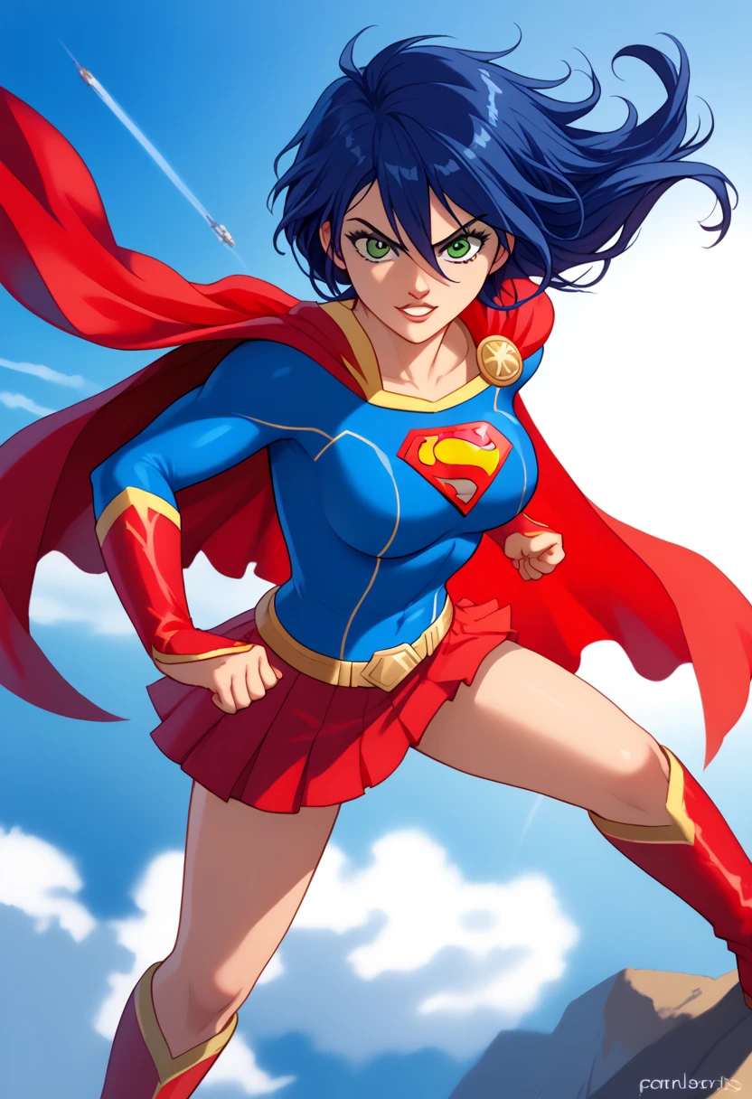 Fabia Sheen, the fierce and determined warrior from "Bakugan," brings a powerful presence to the classic Supergirl costume. The bold blue top, emblazoned with the iconic red and yellow 'S' emblem, perfectly complements her strong, commanding demeanor. Her long navy blue hair flows freely, accentuated by the bright red cape that trails behind her, adding to her dynamic and heroic appearance. The red skirt and red knee-high boots complete the look, emphasizing her athletic, battle-ready physique. Fabia’s expression reflects her usual determination and leadership, blending seamlessly with the empowering essence of Supergirl. Her warrior instincts, combined with the heroic Supergirl persona, create a perfect balance of strength, courage, and compassion. In this transformation, Fabia embodies the role of a fearless protector, ready to defend her allies and face any challenge that comes her way, all while maintaining her regal poise. bakugan, bakugan gundalian invaders, fabia sheen , solo, blue hair, green eyes, hair between eyes, long hairs.