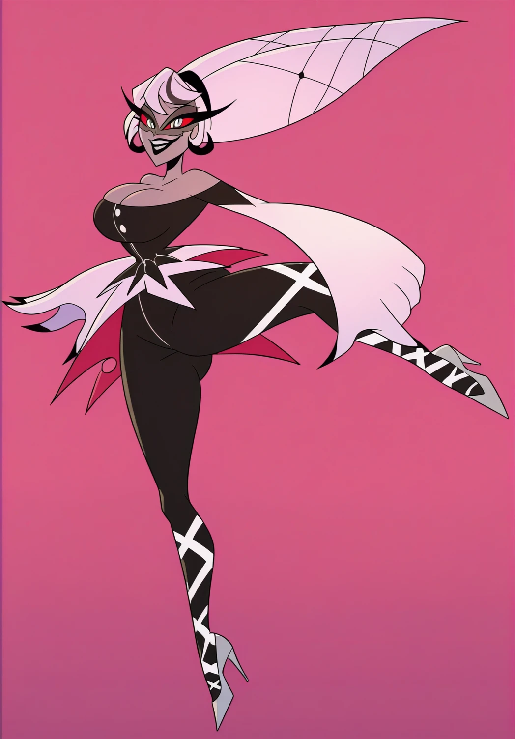 Perceval the female evil rabbit, dark pink fur, dark red eyes, red lipstick, dark pink villain outfit, dark scarlet, purple and pink hair, Disney cartoon, concept art, full body