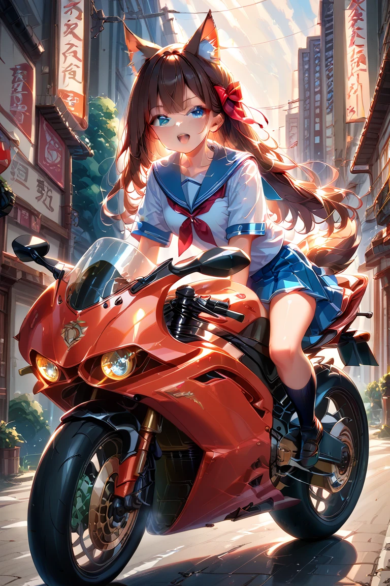  1 girl、 school uniform、 red ribbon 、 miniskirt 、 long hair、 blue eyes、 brown hair、Fox Ears、Tail、 riding a motorcycle 、