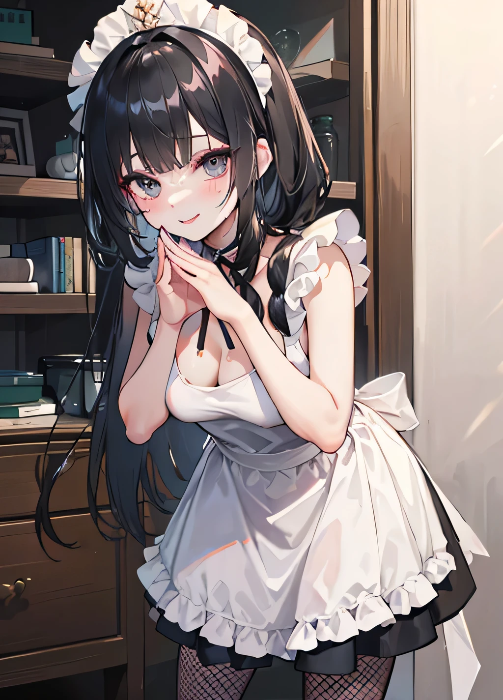 (( top quality)), (( Masterpiece )), ( Details), Slender Woman、21 years old、Landmine Girl、 (( black hair、 long hair、 big ribbon、
headband、
Valletta、
braided ribbon 、
pearl pins 、
Bijou Items 、
Cameo Motifs 、 white skin、 my style makeup 、 white skinのメイク : skin whitening base makeup 。
• red and pink cheek clip : black and lace choker teeth 。
• teardrop highlight bag : I often see teardrop bags with eye makeup 。
• Highlight eyeliner : teeth、 I often see 、 mine style fashion 、 Slender Woman 、 Dark Eyes、 Sleeveless 、 white maid clothes 、 white miniskirt 、 black fishnet tights 、 Black apron dress、 Black Fishnet Stockings 、 lean forward 、 sexy poses 、 stand with legs open、 Touching Her Face with Both Hands 、 Touching cheeks with both hands 、smile、 Girly Atmosphere 、smile、)))、 Large hair ornament、 transparent bodystocking
see-through, bodystocking 、
Loose Fit T Shirts 、 shirt tag
sweaters
Asian beauty
beauty
Take a deep breath and it's often seen in 、
Often seen with down blouses
loose t-shirt
Lean forward