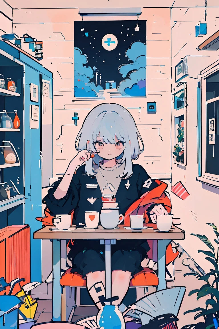 There is a picture of a woman sitting in an open cafe at night ,  royal milk tea ,Kilian Eng. Moebius,  inspired by Tom Wesselman ,  full color illustration ,   A clean illustration inspired by skiers ,  Detailed 2D Illustration , Detailed painting by Gouache , Poster illustration,  Inspired by NEVERCREW  ,  2D Gouache Illustrations,  An illustration based on colorful but less saturated purple and blue colors,Black Cat