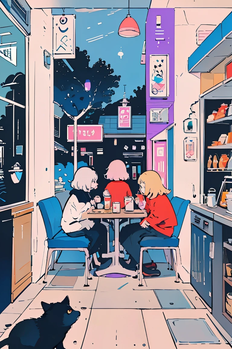 There is a picture of a woman sitting in an open cafe at night ,  royal milk tea ,Kilian Eng. Moebius,  inspired by Tom Wesselman ,  full color illustration ,   A clean illustration inspired by skiers ,  Detailed 2D Illustration , Detailed painting by Gouache , Poster illustration,  Inspired by NEVERCREW  ,  2D Gouache Illustrations,  An illustration based on colorful but less saturated purple and blue colors,Black Cat