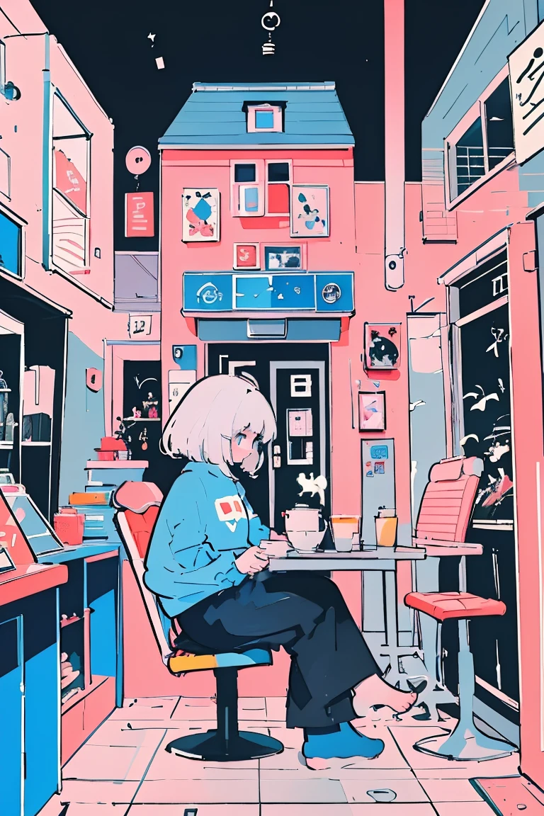 There is a picture of a woman sitting in an open cafe at night ,  royal milk tea ,Kilian Eng. Moebius,  inspired by Tom Wesselman ,  full color illustration ,   A clean illustration inspired by skiers ,  Detailed 2D Illustration , Detailed painting by Gouache , Poster illustration,  Inspired by NEVERCREW  ,  2D Gouache Illustrations,  An illustration based on colorful but less saturated purple and blue colors,Black Cat