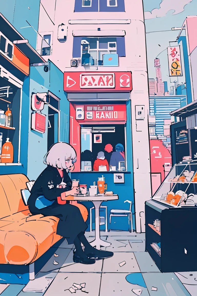 There is a picture of a woman sitting in an open cafe at night ,  royal milk tea ,Kilian Eng. Moebius,  inspired by Tom Wesselman ,  full color illustration ,   A clean illustration inspired by skiers ,  Detailed 2D Illustration , Detailed painting by Gouache , Poster illustration,  Inspired by NEVERCREW  ,  2D Gouache Illustrations,  An illustration based on colorful but less saturated purple and blue colors,Black Cat