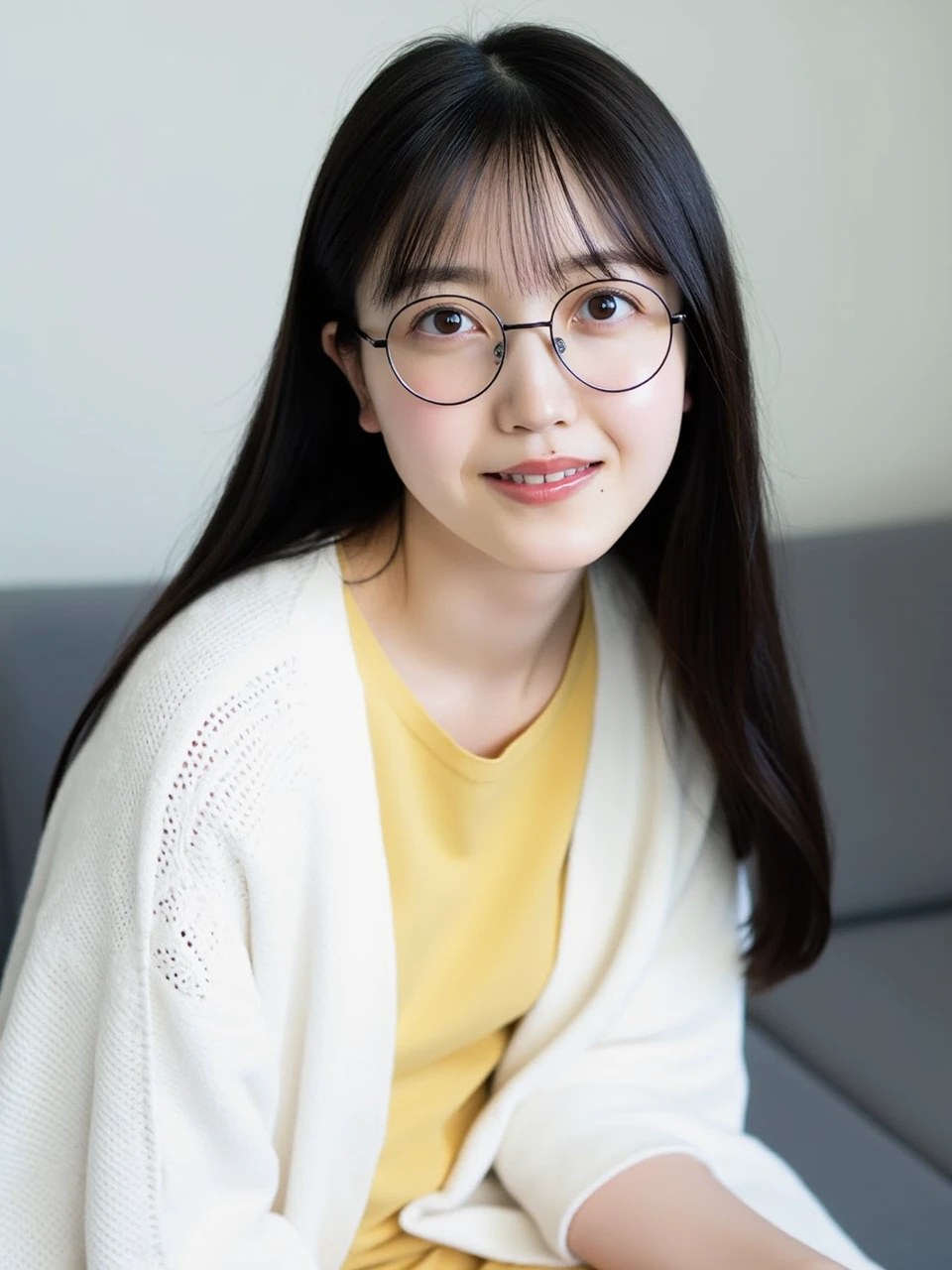 Photograph of a young Asian woman named Kuboshi, with long black hair, wearing round glasses, a yellow top, and a white, textured cardigan. She sits on a gray couch against a plain light wall, exuding a calm and introspective demeanor.