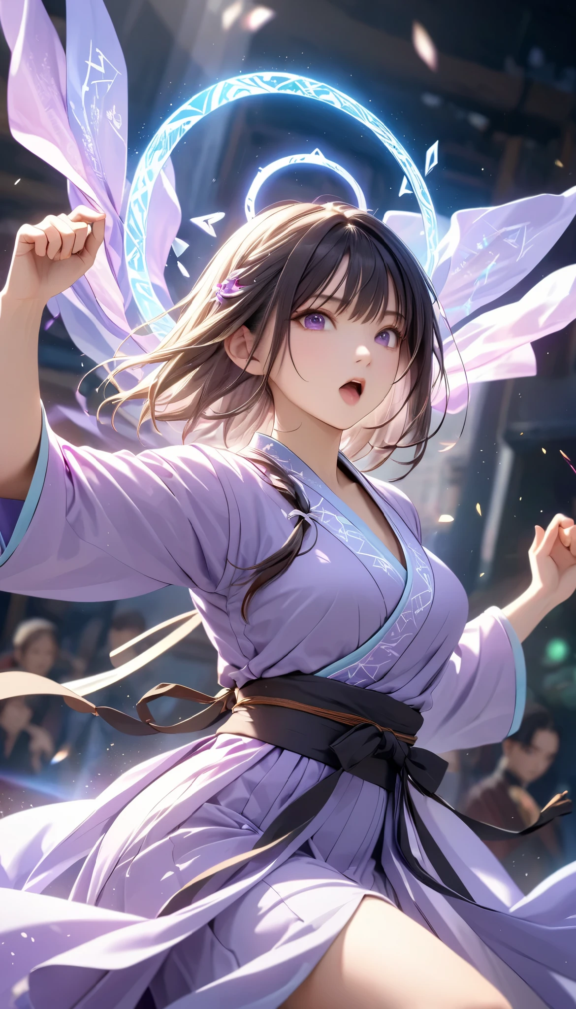  Handsome Chinese girl , Sharp Eye, Distinct facial features, wearing Hanfu, Combat Stance, Martial arts moves, A body enveloped in purple mist, Runes,  holographic reality ,  holographic halo ,  motion blur that sticks to your mouth, Game Light Effects , Edge light, Soft light, movie Edge light,  Delicate Light , Masterpiece,  very detailed, Epic epic , Super HD,  High Quality , 最 High Quality , 32K