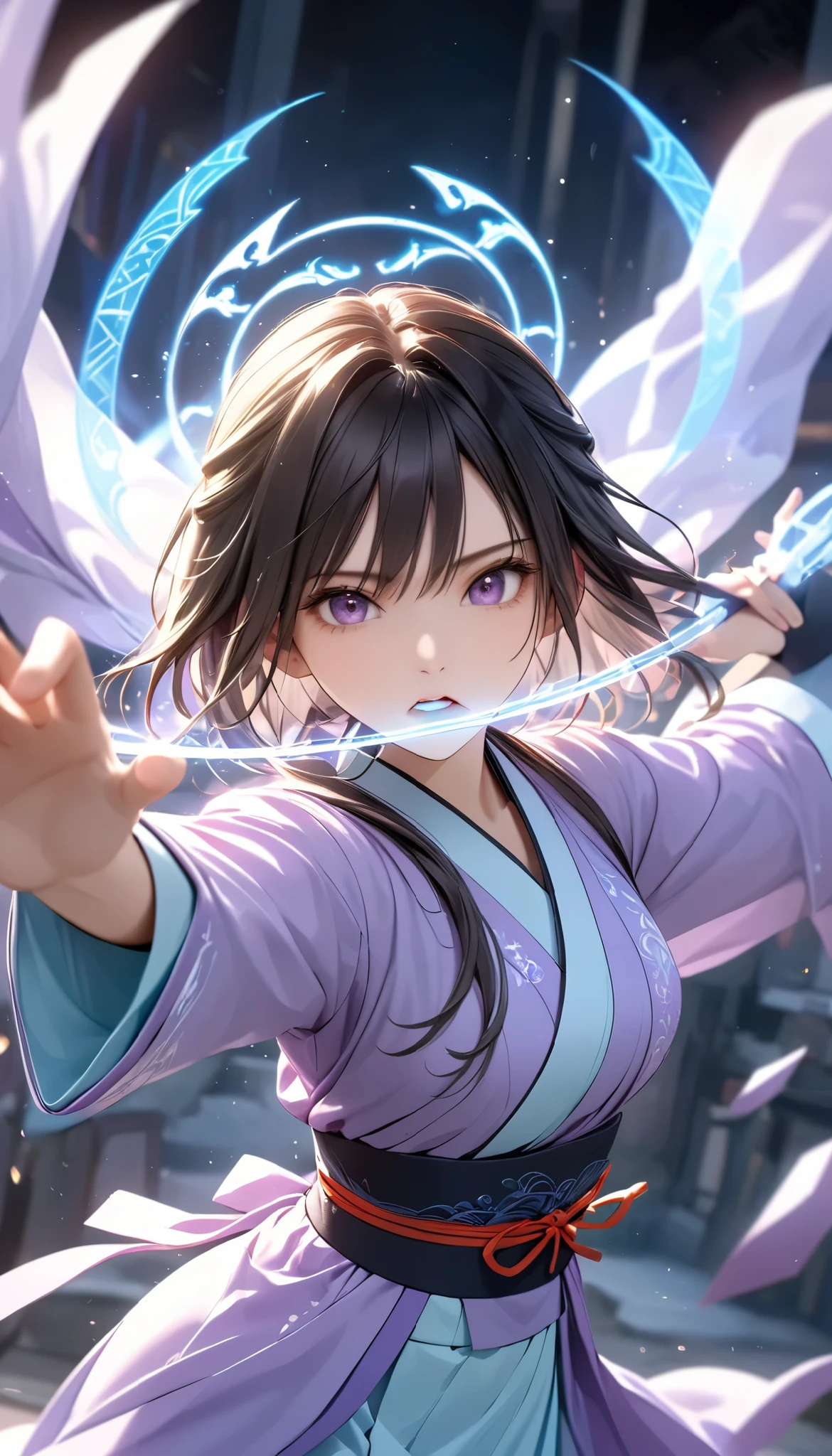  Handsome Chinese girl , Sharp Eye, Distinct facial features, wearing Hanfu, Combat Stance, Martial arts moves, A body enveloped in purple mist, Runes,  holographic reality ,  holographic halo ,  motion blur that sticks to your mouth, Game Light Effects , Edge light, Soft light, movie Edge light,  Delicate Light , Masterpiece,  very detailed, Epic epic , Super HD,  High Quality , 最 High Quality , 32K