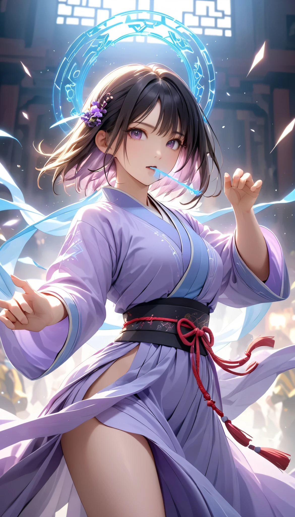  Handsome Chinese girl , Sharp Eye, Distinct facial features, wearing Hanfu, Combat Stance, Martial arts moves, A body enveloped in purple mist, Runes,  holographic reality ,  holographic halo ,  motion blur that sticks to your mouth, Game Light Effects , Edge light, Soft light, movie Edge light,  Delicate Light , Masterpiece,  very detailed, Epic epic , Super HD,  High Quality , 最 High Quality , 32K