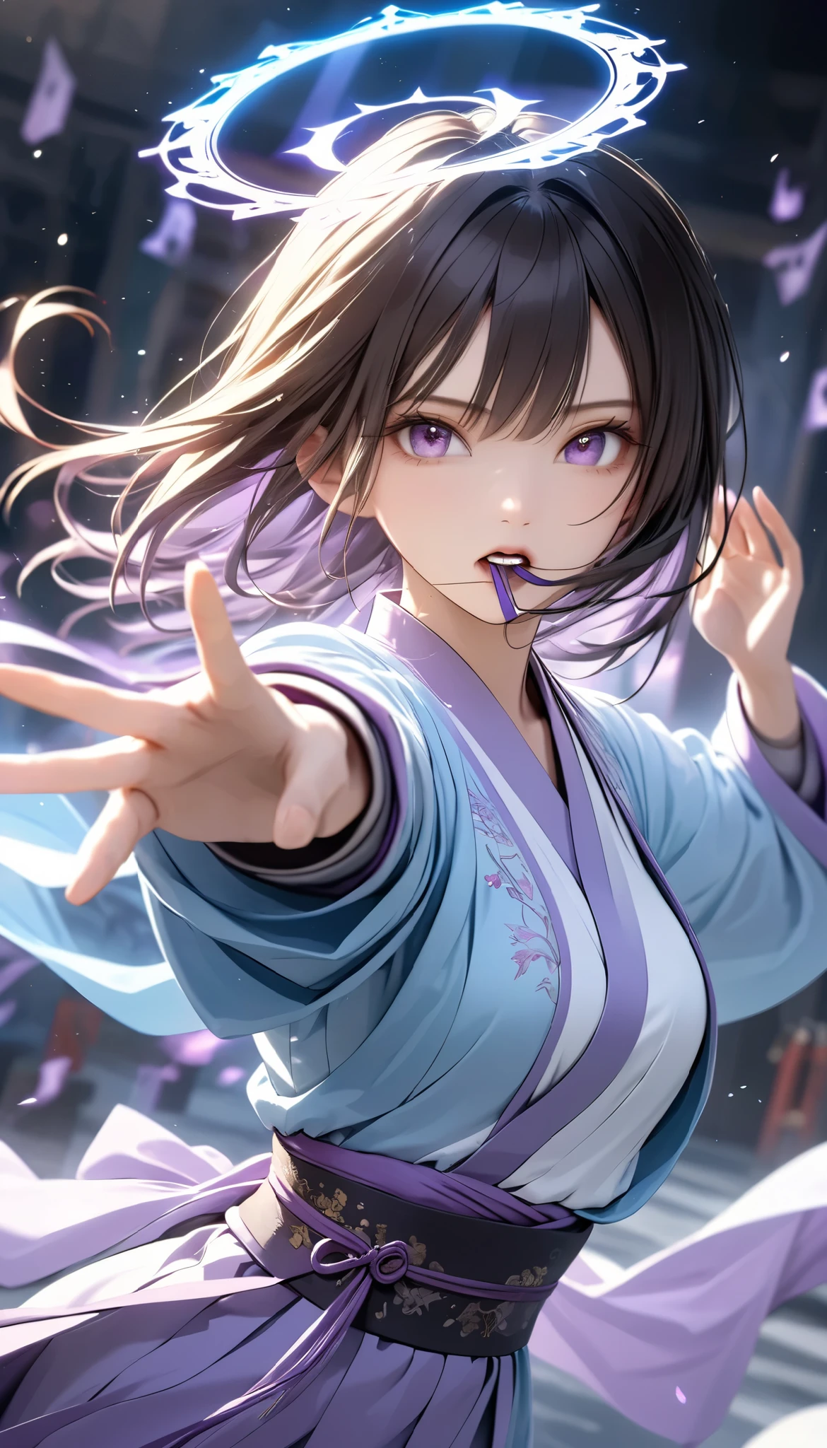  Handsome Chinese girl , Sharp Eye, Distinct facial features, wearing Hanfu, Combat Stance, Martial arts moves, A body enveloped in purple mist, Runes,  holographic reality ,  holographic halo ,  motion blur that sticks to your mouth, Game Light Effects , Edge light, Soft light, movie Edge light,  Delicate Light , Masterpiece,  very detailed, Epic epic , Super HD,  High Quality , 最 High Quality , 32K