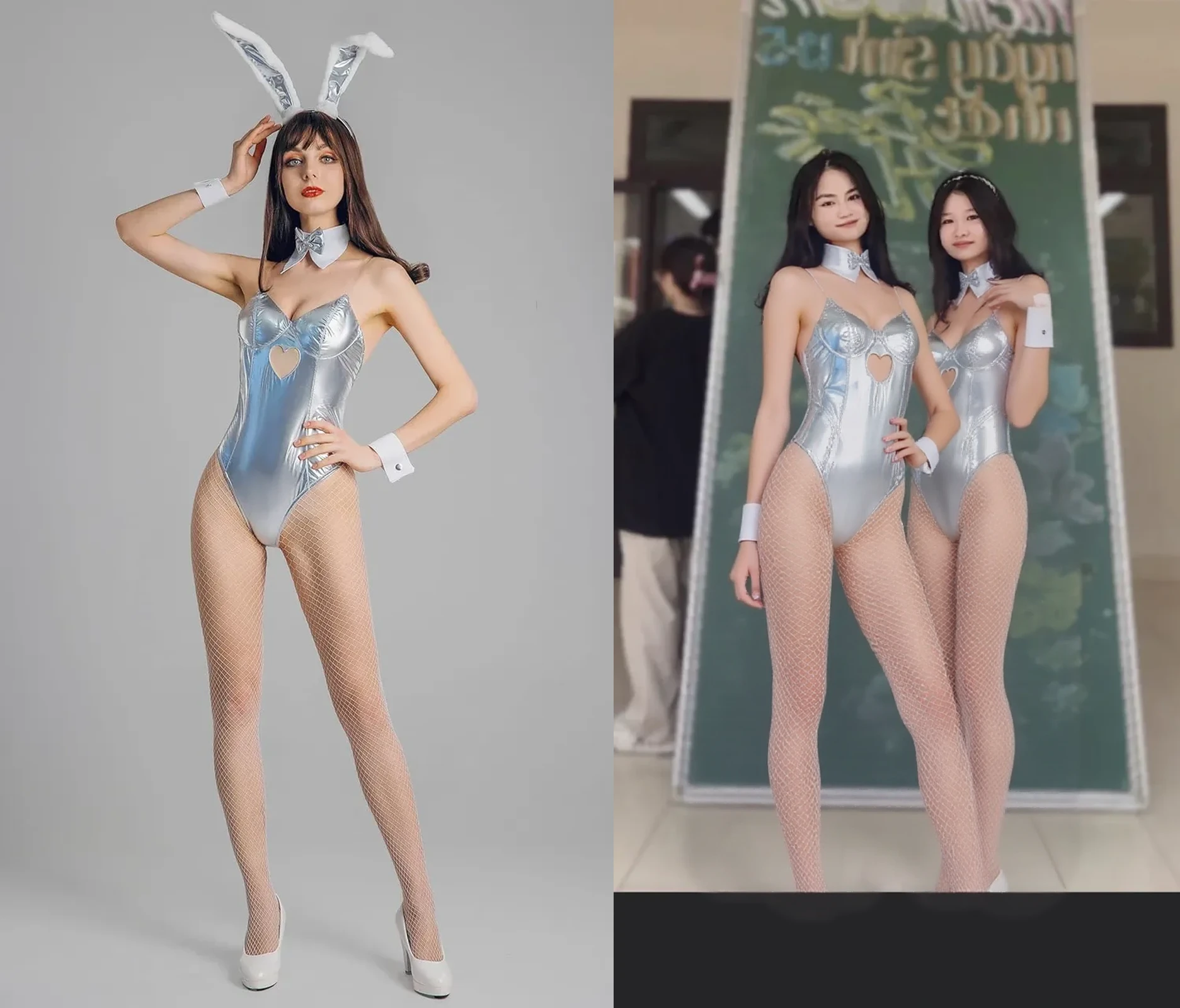 （Original Photography：1.2）,(realistic、Practical:1.2),Cute sexy girl, Perfect body，Very long curls, Very detailed details of the face，Perfect hands，Bunny Girl, Exquisite clothing，Long legs，High heel，Surreal, Detailed lighting, Japanese style, 2 girls standing together