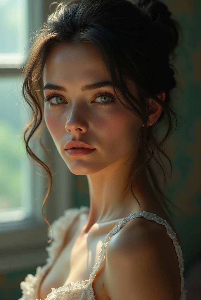 (((ultra realistic))) Photo, masterpiece, top quality, (pale skin), (Ultra detailed face and eyes:1.3), Indian 1 girl, in a beautiful black(goldon embroidery)dress, (Eye makeup, mascara) , (a close up portrait of a beautiful woman with long brown messy bun, curly hair), wearing a black dress, gorgeous detailed face, extremely beautiful delicate features, piercing eyes, luscious lips, flawless skin, stunning portrait, high quality, cinematic lighting, photorealistic, masterpiece, dramatic depth of field, soft elegant expression, elegant and serene, professional portrait photography, beautiful model, gorgeous female portrait, incredible realismof field, bokeh, (special attention to skin detail: 1.2), Detailed leather texture, skin pores. ((side angle portrait, viewing towards the camera)) , ultra detialed, soft elegantly day light:1.2
