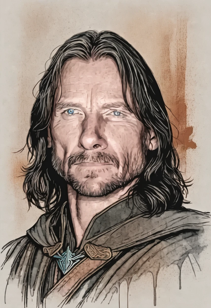  half-length portrait of @alexmd, 50 year old aragorn, (colour street sketch style)