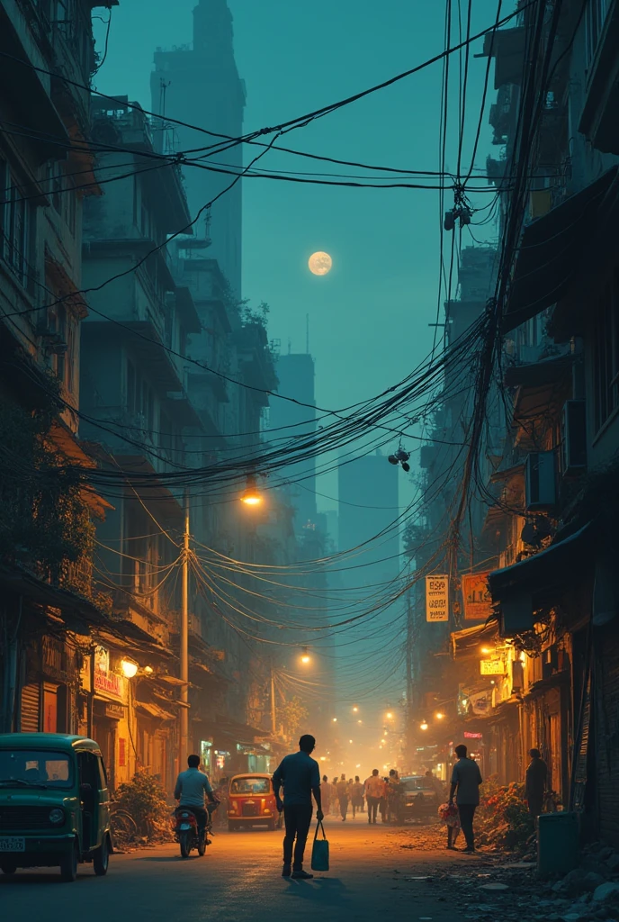 A modern cityscape at dusk, filled with high-rise buildings and urban elements. Graffiti covers a wall in the foreground, depicting ancient Indian deities like Rama, Krishna, and Shiva, alongside mythical scenes from the Ramayana and Mahabharata. The atmosphere is gritty yet vibrant, blending the ancient with the contemporary. The overall tone should be dynamic and energetic, capturing the contrast between the mythological and modern worlds.