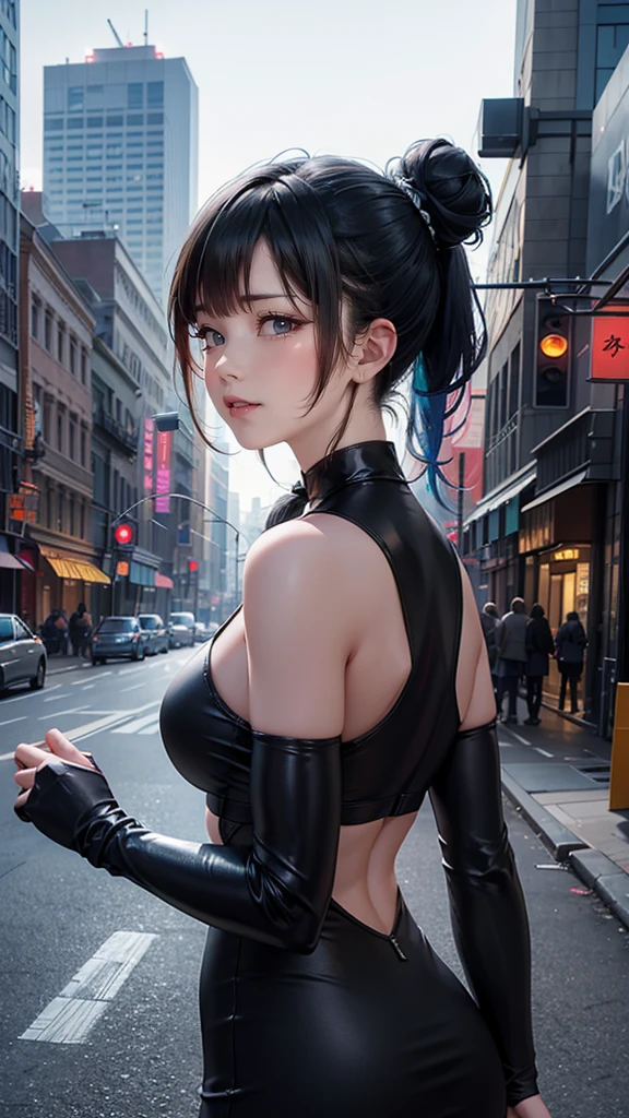 a 20 yo woman、Black and blue hair、pony tails、hair-bun、Hefty Smile、iridescent eye fade:1.3)、Dark theme、mute、pastelcolor、hight contrast、(Natural skin texture、ultra-realistic realism、softlighting、Sharp)、8k、masterpiece、 top-quality、Ultra K HD、最A high resolution、The is very detailed、Background with、Modern age city、skyscrapper、main street、profesional lighting、 movie lighting 、Extremely detailed CG、at the street side、holographic signal、sigature、Great view、Sharp Noor&#39;body posture、Focus from behind、Turning Pose、White-skinned、Beutiful women、23years old、( detailed eyes、almond eyerown right pupil、gradient eyes:1、Delicate and beautiful eyes:1、symetrical eyes:1、There is a big bright spot on the eye:1.2)、(red brown hair、bob hair、Left and right non-target hairs are messy.)、(long  skirt、With a belt、long court、off-shoulder sweater 、beige、hand knitted scarf)、Beautiful long and thin buttocks line、Beautiful spine、Contract your back、toned waist、Emphasize hip line、The cheeks are a little red、Beautiful udder、The breasts are A-cups) 、(with a round face: 1.4)、(delicate finger、detailed arms、detailed human hands)、half laugh、Teeth are exposed、Beautiful hip line,Off-the-shoulder clothing,Emphasize cleavage, sexy for, gigantic cleavage breasts,Emphasize the hips backward,Detailed hands, 5 fingers, The right people,  detailed eyes,ctextured skin, super detailing, high detal, high qulity, Award-Awarded, top-quality, A high resolution, 1080P, k hd, 4K, 8k, 16k