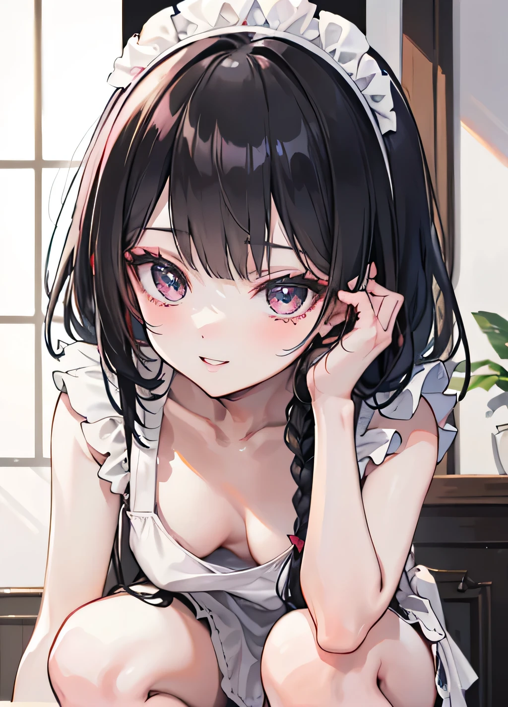 (( top quality)), (( Masterpiece )), ( Details), Slender Woman、21 years old、Landmine Girl、 (( black hair、 long hair、 big ribbon、
headband、
Valletta、
braided ribbon 、
pearl pins 、
Bijou Items 、
Cameo Motifs 、 white skin、 my style makeup 、 white skinのメイク : Base Makeup to Whiten Your Skin 。
• red and pink cheek clips : black and lace choker teeth 。
• highlight teardrop bags : I often see teardrop bags with eye makeup 。
• Highlight eyeliner : teeth、 give a slightly aggressive impression with eyeliner that draws the outer corner of the eye for a long time 、 mine style fashion 、 Slender Woman 、 Dark Eyes、 Sleeveless 、 white maid clothes 、 White Mini Skirt 、 black fishnet tights、 Black Apron Dress、 Black Fishnet Stockings 、 lean forward 、Squatting with your knees hugged、Pinch your face with both hands、Place both hands on cheeks、smile、 Girly Atmosphere 、smile、wink)))、 Large hair ornament、 transparent bodystocking
see-through, bodystocking 、
Loose Fit T Shirts 、 accentuate it with a shirt tag
sweaters
Asian beauty
beauty
Big Breath 、
down blouses
loose t-shirt
Lean forward 、 angle from below、 low angle、