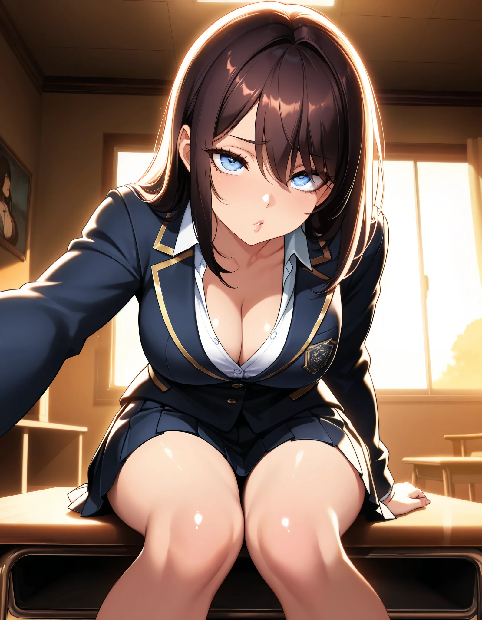 (((Spread your legs、Flashy panties))、(((Accentuate your breasts)))、Highest quality, 8k, masterpiece :1.3)), whole body, Sharp focus :One Girl,Glowing Skin,SSexy pose,Highest quality,Tabletop,shape,Very delicate and beautiful,Hmph,8k壁紙,wonderful,In detail,Official Art,Very detailedなティッカーUnity 8k壁紙,Incredibly ridiculous,Large file size,Very detailedな,High resolution,Very detailed,Beautiful detailed,Realistic,X-ray,The queue is full,(((Uniform Blazer、mini skirt)))、(((Big Breasts、Black Hair)))、(((School、classroom)))、Stand upright、Cleavage , ((Long black hair))、Uniform Blazer、exy pose、Hairstyle: Long Hair、both hands、