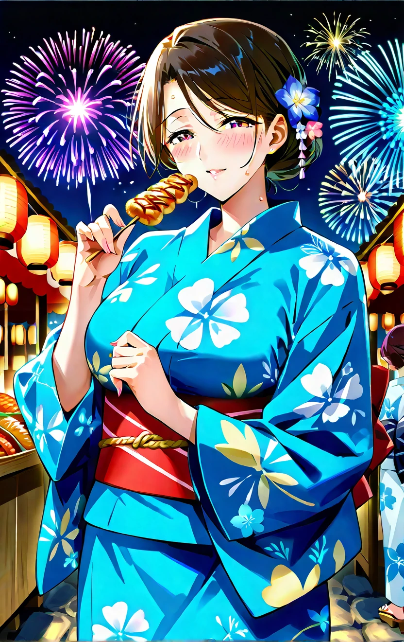 Scenery of a Japanese summer festival、Lots of food stalls、beautiful mature woman in yukata、firework