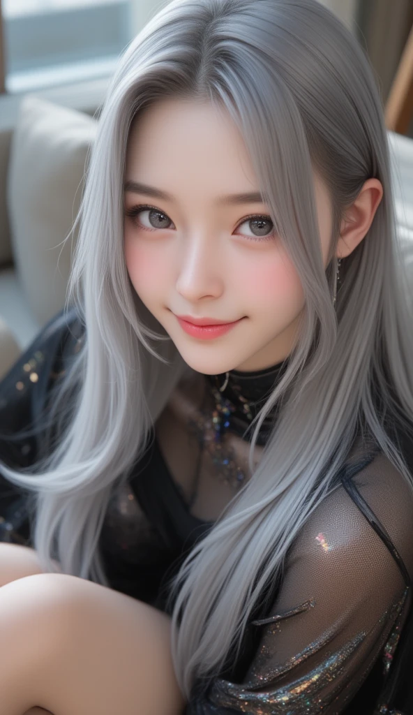 1girl, heart-shaped pupils, fingernails, white hair, purple eyes, (blush:1.1), choker, upper body, trembling, sweat, sweatdrop, heart, (medium breasts:0.6), love, heart, crop top, happy, smile,  lace, bokeh, (freckles:0.8), natural skin texture, portrait, (red_background:1.3), big breasts, huge breast,  mole under left eyes,