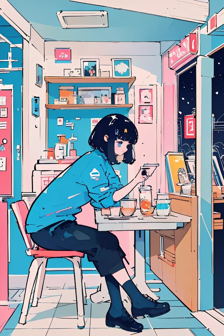 There is a picture of a woman sitting in an open cafe at night ,  royal milk tea ,Kilian Eng. Moebius,  inspired by Tom Wesselman ,  full color illustration ,   A clean illustration inspired by skiers ,  Detailed 2D Illustration , Detailed painting by Gouache , Poster illustration,  Inspired by NEVERCREW  ,  2D Gouache Illustrations,  An illustration based on colorful but less saturated purple and blue colors,Black Cat