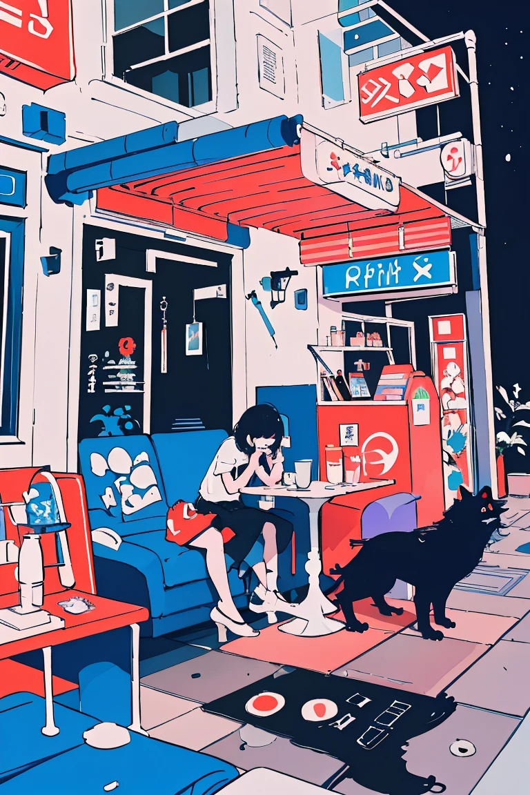 There is a picture of a woman sitting in an open cafe at night ,  royal milk tea ,Kilian Eng. Moebius,  inspired by Tom Wesselman ,  full color illustration ,   A clean illustration inspired by skiers ,  Detailed 2D Illustration , Detailed painting by Gouache , Poster illustration,  Inspired by NEVERCREW  ,  2D Gouache Illustrations,  An illustration based on colorful but less saturated purple and blue colors,Black Cat