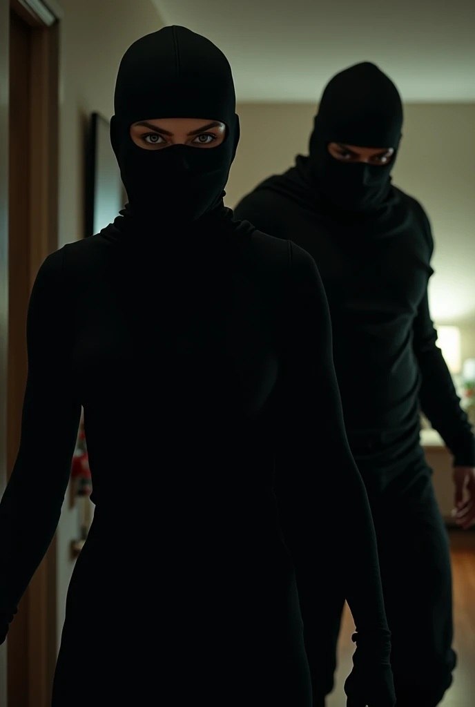 sweaty burglar woman ,eyes closed,masked, whispering, dressed in a black open turtleneck and leather gloves, in a office at night , caught in the act , arrested by a man , lyin down on the ground,arrested by a man pulling her hair hard and holding her hardly tightly from the back , she is forced to do a blowjob