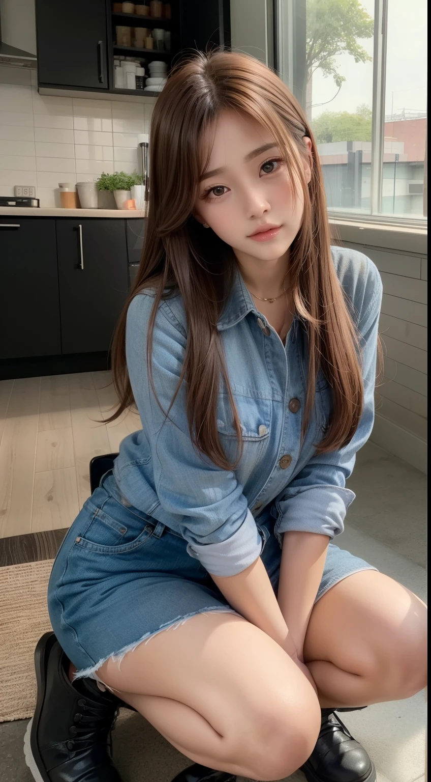 ((Top Quality, 8k, Masterpiece: 1.3)), Beauty, Hidden Face, 1 Girl, Beauty: 1.3, Slender Abs: 1.1, Large Men's Shirt (Loose: 1.4) Exposed, No Underwear, Denim Shorts, Full, Long Brunette Hair, (Sitting Cross-legged on the Sofa), Ultra-detailed Face, Highly Detailed Lips, Detailed Eyes, Double Eyelids, Strict Head and Body Ratio: 1.5,