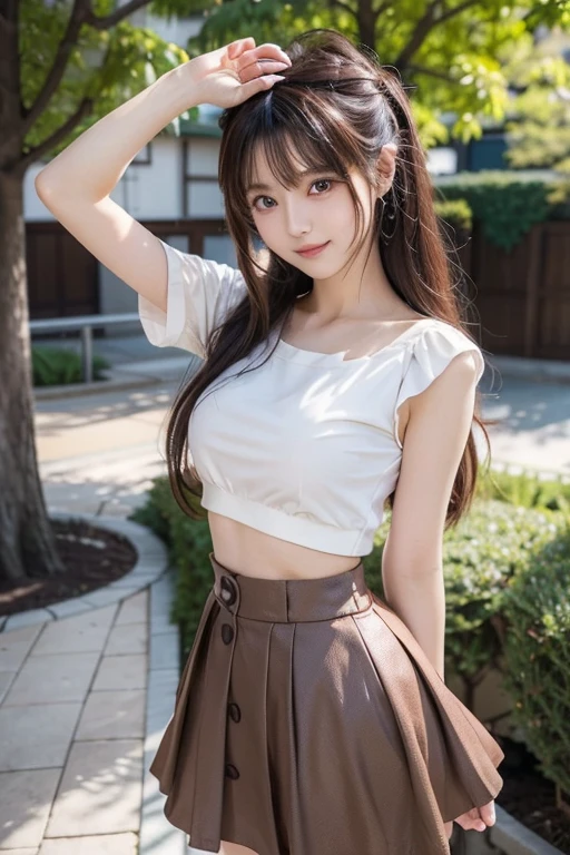 Masterpiece, Best Quality, Very Detailed, 8k, Photorealistic, soft focus, beautiful detailed eyes, detailed face, double eyelid, 1girl, solo, beautiful skin, real human skin, close-up shot, Full-body, beautiful firm breasts,mature body, 18 years old girl, beautiful girl, Japanese idol, smile like a goddess,
BREAK,(white off shoulder blouse:1.3),BREAK,(plaid long skirt:1.2),BREAK,(purple thong pantie), (french braid:1.3), brown hair,NSFW, A model poses against the backdrop of a stunning plum orchard full of plum blossoms, FROM BEHIND,