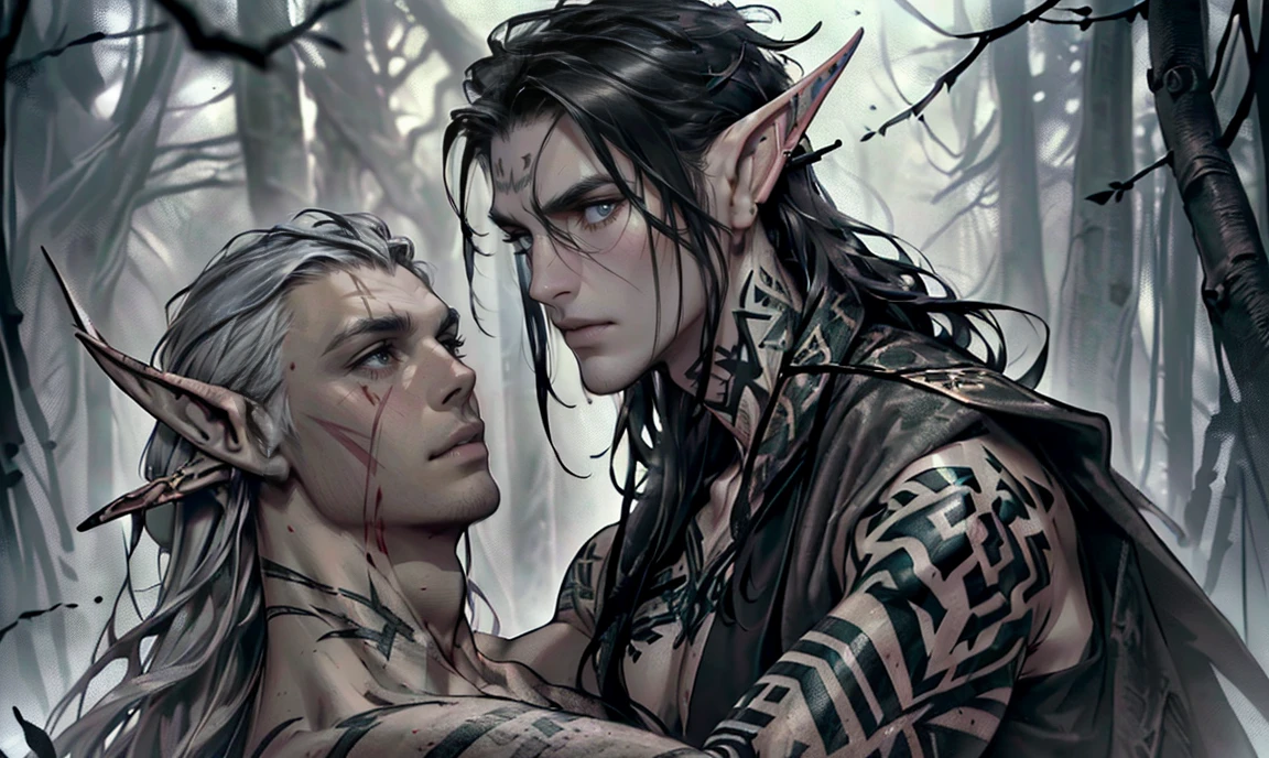 2 guys ethereal demonic 25 year old anime guy male druids, with metallic long hair, delicate masterpieceintimate delicate etched glowing neon tattoos, Fabulous full view painting of a winking beautiful and gorgeous elf ((male)) almostkissing, perfect face, blue/black pastel eyes, long white/black wisp hair, freckles, piercings and tattoo foil print neonbody art, laboratory experiment, perfect anatomy, centered, almost perfect, dynamic, very detailed, glowing, artstation, concept art, soft and sharp focus, art by Carne Griffiths and Wadim Kashin, airbrush graffiti techniques, high-definition accent lighting, epic, elven atmosphere, contrasted with vibrant paint colors., futuristic cyborg in the year 2950,
