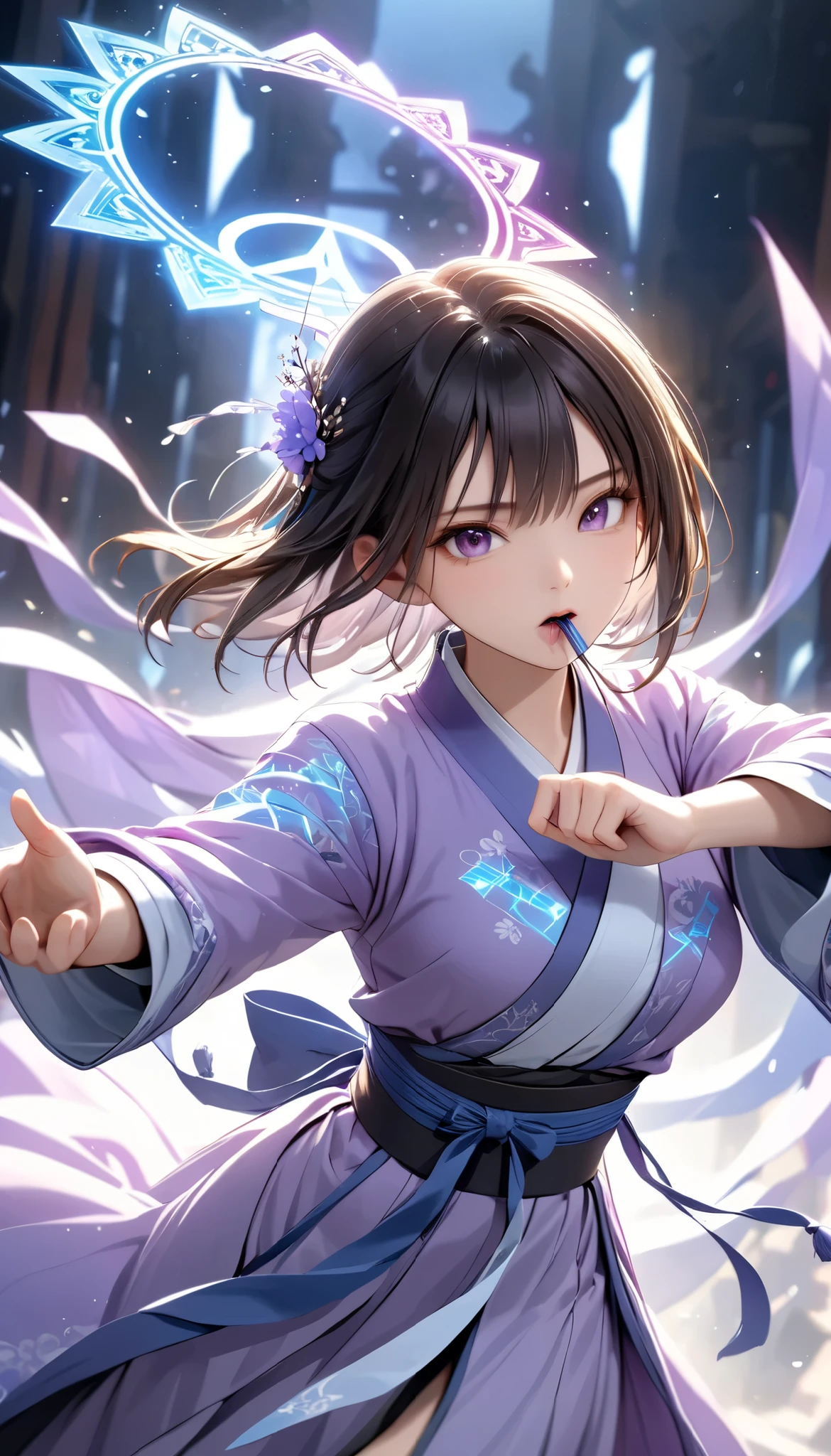  Handsome Chinese girl , Sharp Eye, Distinct facial features, wearing Hanfu, Combat Stance, Martial arts moves, A body enveloped in purple mist, Runes,  holographic reality ,  holographic halo ,  motion blur that sticks to your mouth, Game Light Effects , Edge light, Soft light, movie Edge light,  Delicate Light , Masterpiece,  very detailed, Epic epic , Super HD,  High Quality , 最 High Quality , 32K